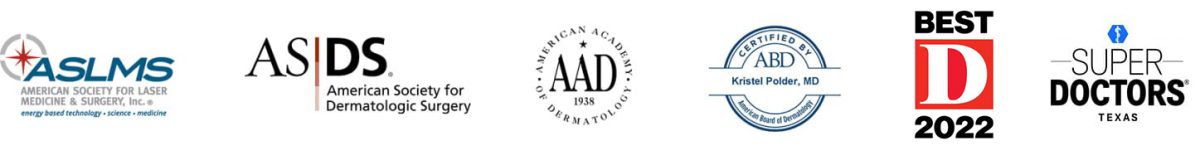 America Society for Laser Medicine & Surgery logo, American Society for Dermatology Surgery logo, American Academy of Dermatology logo, American Board of Dermatology logo, Best D 2022 logo, Super Doctors logo 