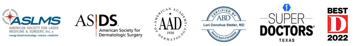 America Society for Laser Medicine & Surgery logo, American Society for Dermatology Surgery logo, American Academy of Dermatology logo, American Board of Dermatology logo, Best D 2022 logo, Super Doctors logo 